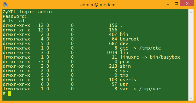 Image of a PuTTY (actually, KiTTY) login to the Zyxel_AMG1302-T10B shell via telnet, with a list files and directories in the root.