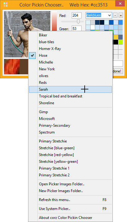 screenshot image of Color Pickin Chooser displaying its picker context menu with access to picker images folder, automatically sorted into your subfolders.