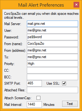 CorzSpaZio's mail sending (smtp) preferences window.